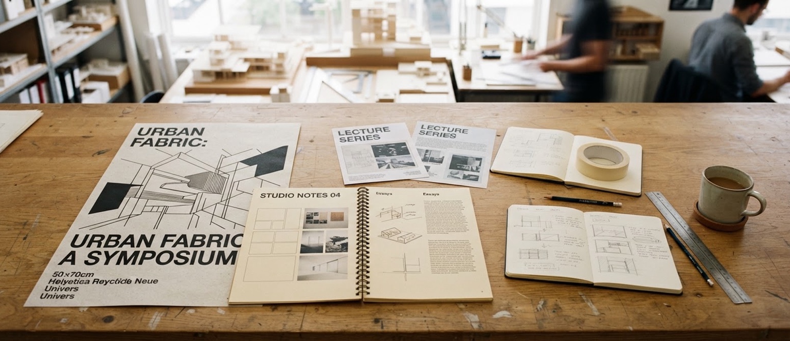 Design studio worktable covered with printed matter, notebooks, sketches, rulers and a cup of tea.